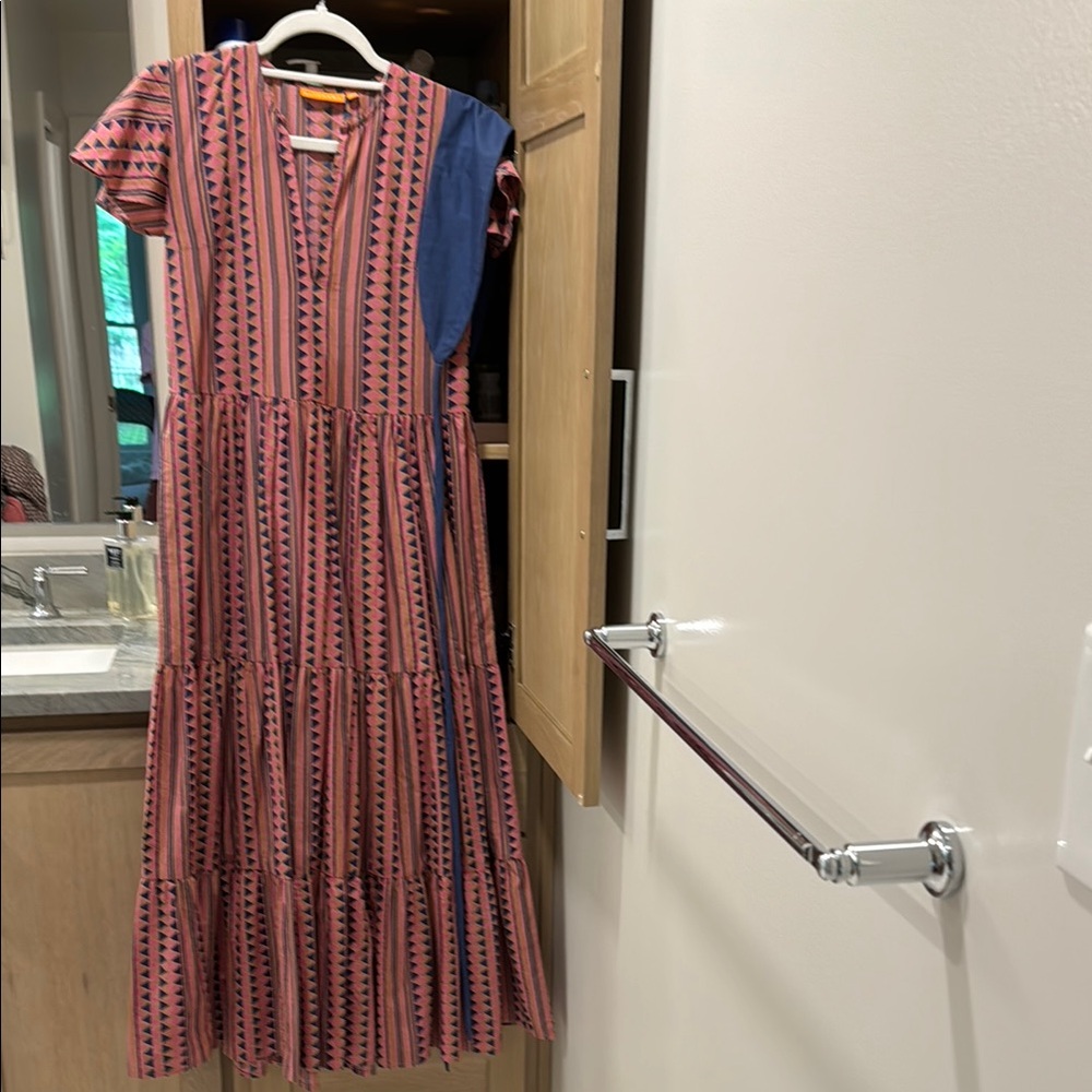 Oliphant Pink and Blue Ruffled Tiered Maxi Dress